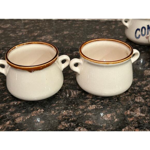 Vintage Set of 4 Stoneware Japan handle Soup Bowls Onion Bean Mushroom Cups Mugs - Picture 8 of 11